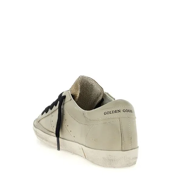 Golden Goose Beige Leather Sneakers with Leopard Star and Gold Glitter Accents